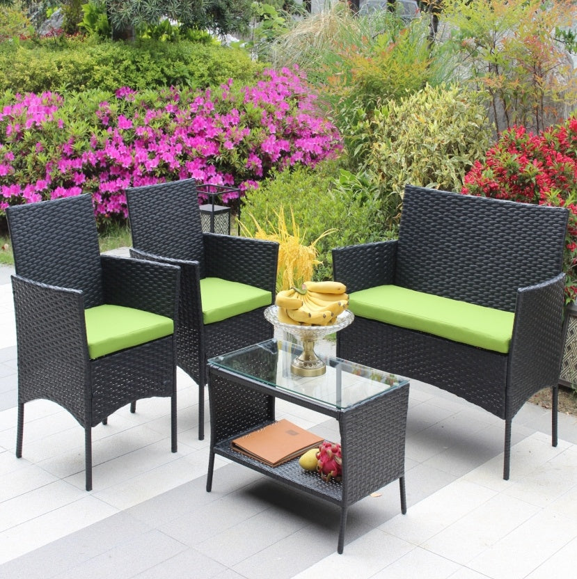 4PC Rattan Patio Furniture Set Outdoor Wicker Sofa W Green Cushions - Sluxe Fashions