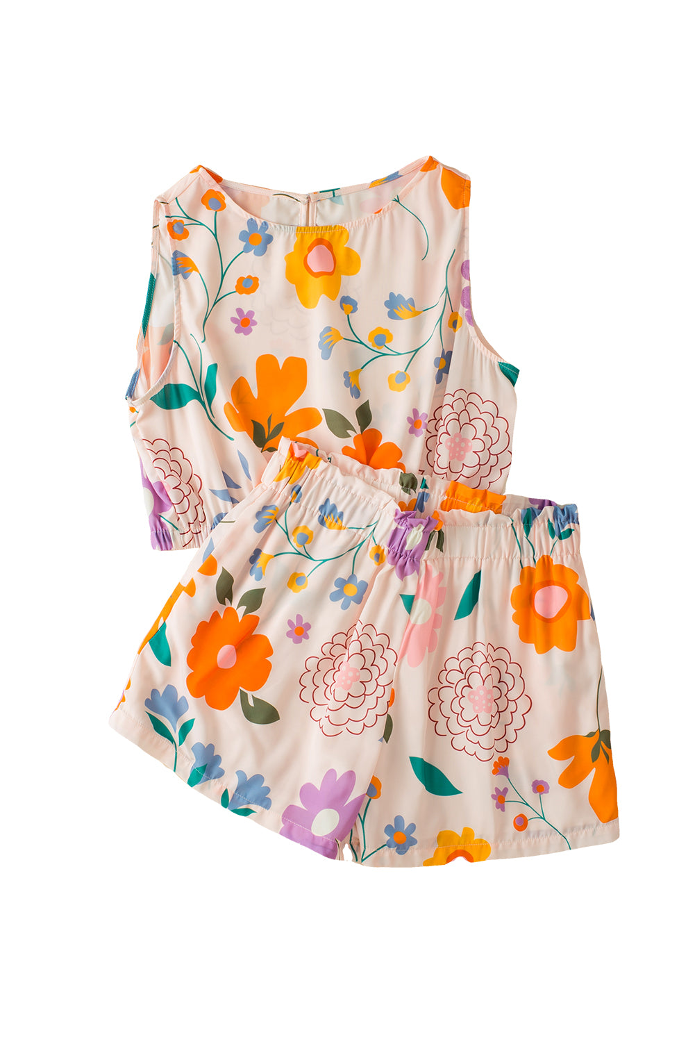 White Vintage Floral Cropped Tank and Frill High Waist Shorts Set - Sluxe Fashions