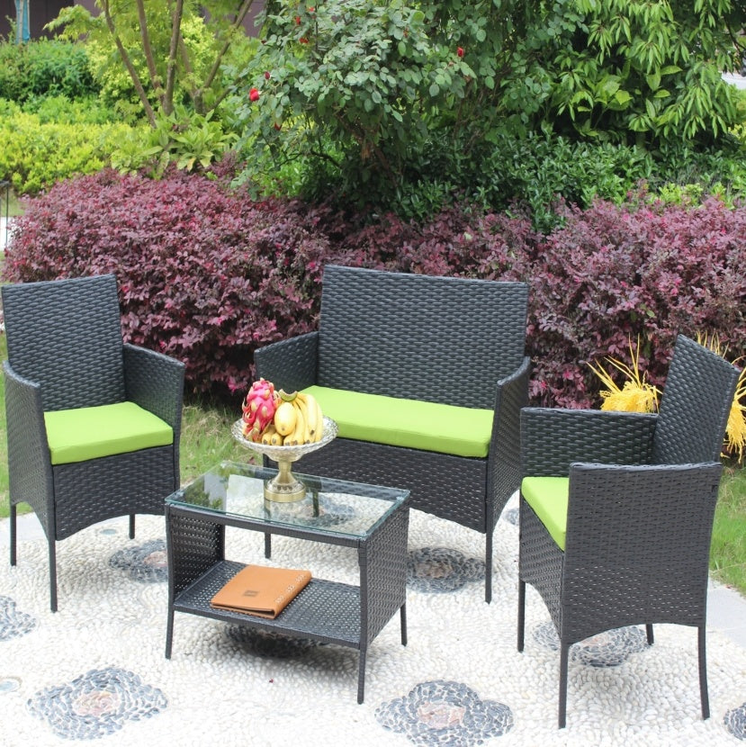 4PC Rattan Patio Furniture Set Outdoor Wicker Sofa W Green Cushions - Sluxe Fashions