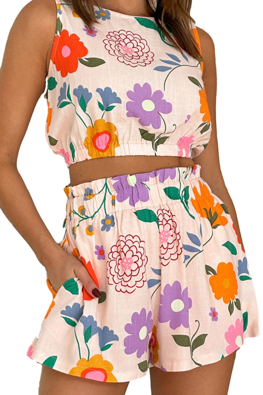 White Vintage Floral Cropped Tank and Frill High Waist Shorts Set - Sluxe Fashions