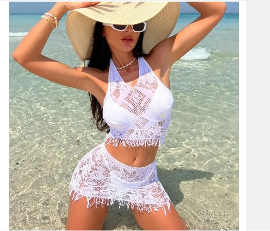 Women's Spring And Summer Beach Cover-up Tassel Skirt Lace Bikini Swimsuit Two-piece