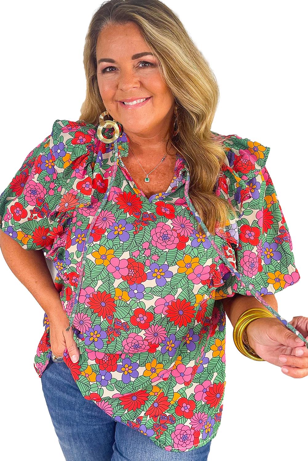 Multicolor Plus Size Floral Print Ruffle V Neck Bubble Sleeve Blouse