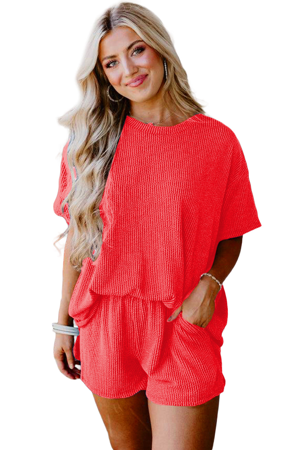 Orange Ribbed Textured Loose Fit Tee & Shorts Set