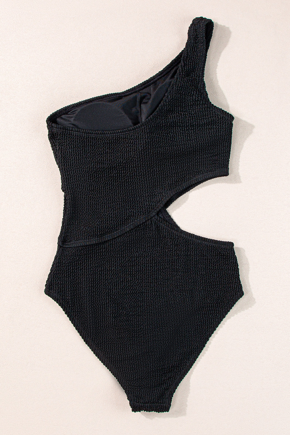 Black Solid Textured Cut Out Asymmetric One Piece Swimsuit