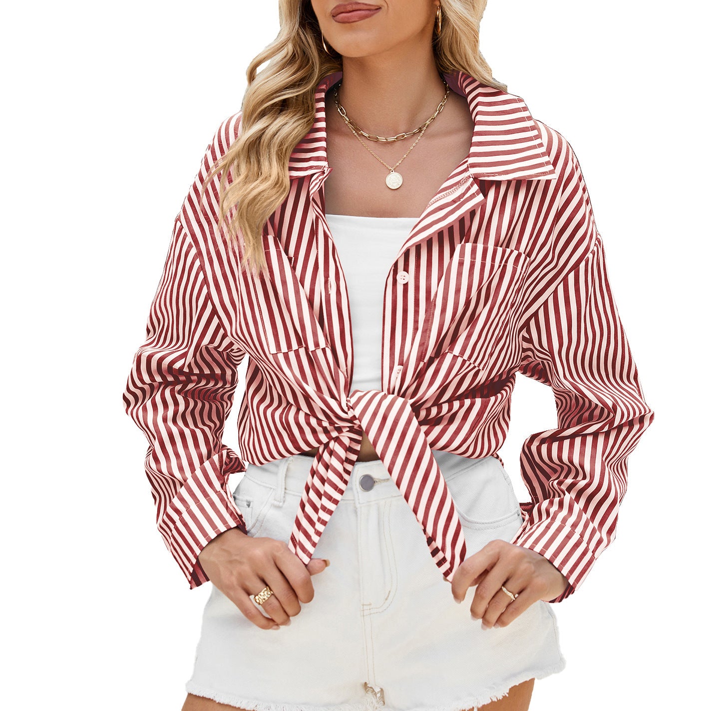 Fashion Striped Long Sleeve Shirt With Pockets Casual Loose Single-breasted Button Top Women Clothing