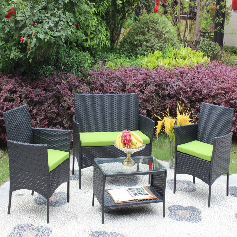 4PC Rattan Patio Furniture Set Outdoor Wicker Sofa W  Green Cushions - Sluxe Fashions