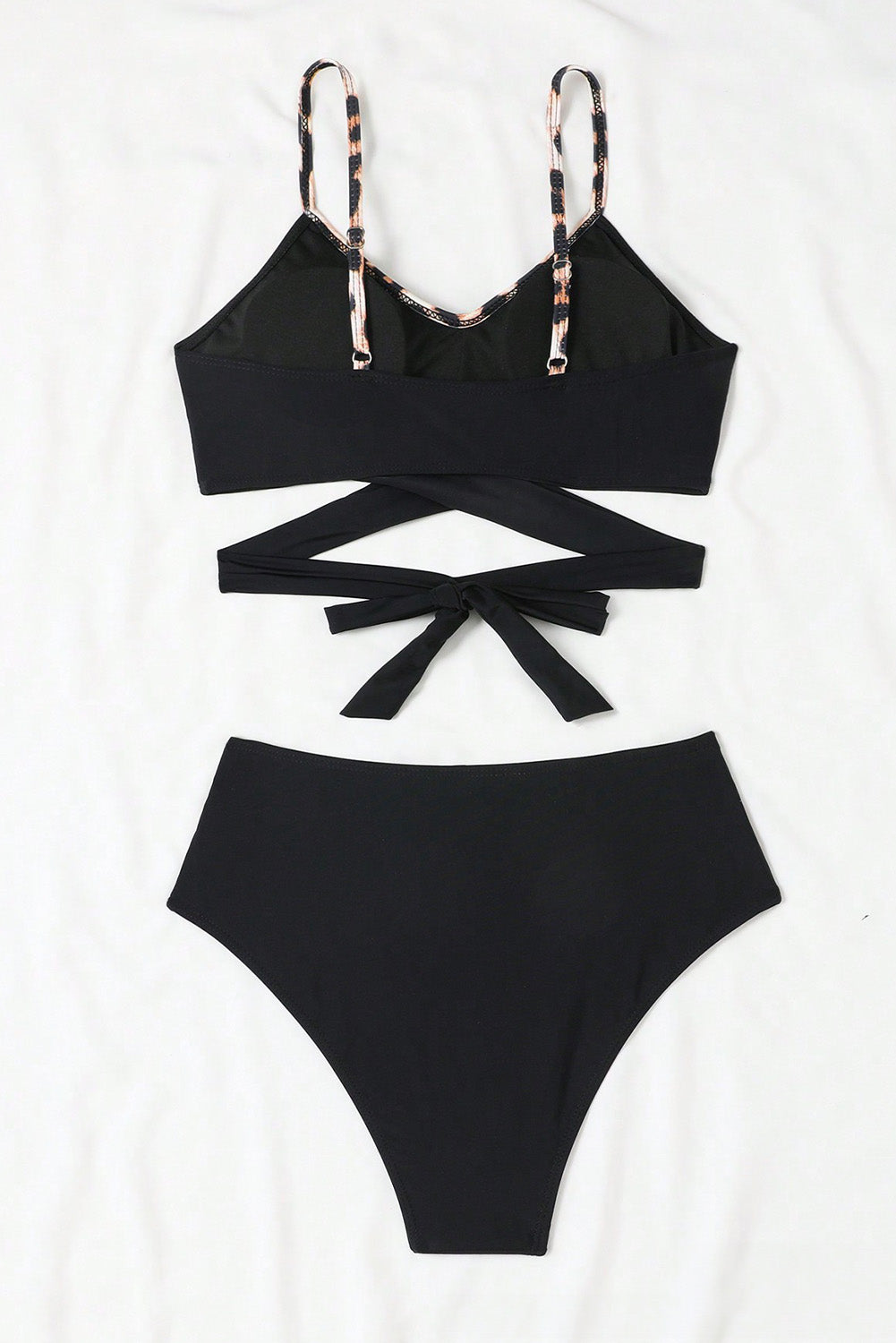 Black Leopard Splicing Criss Cross Tie Spaghetti Straps Bikini