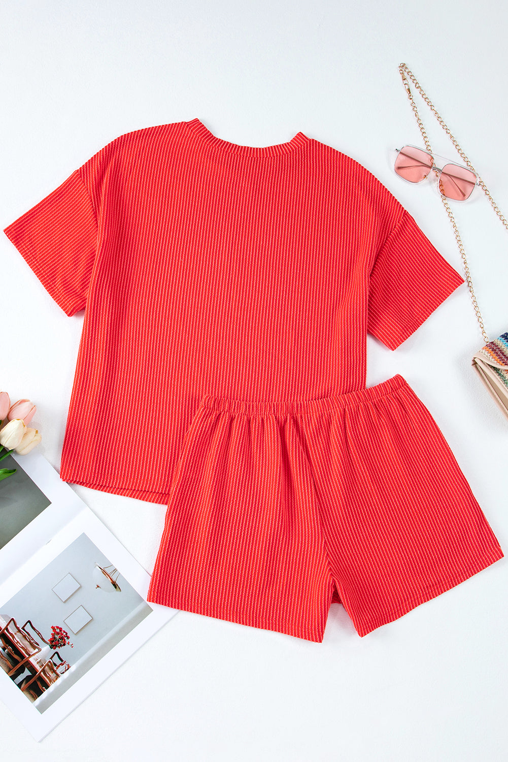 Orange Ribbed Textured Loose Fit Tee & Shorts Set