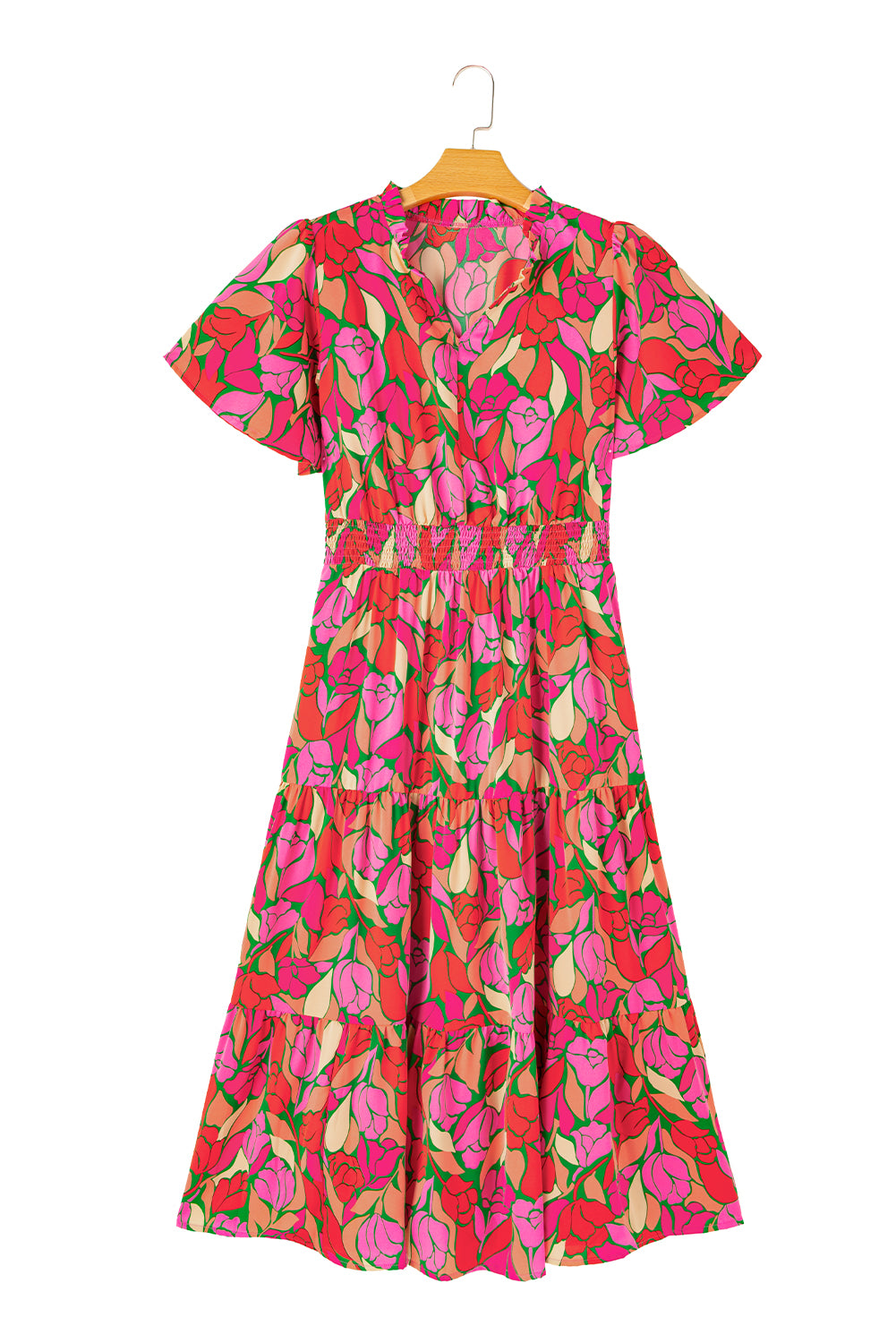 Pink Flounce Sleeve Smocked Waist Floral Maxi Dress