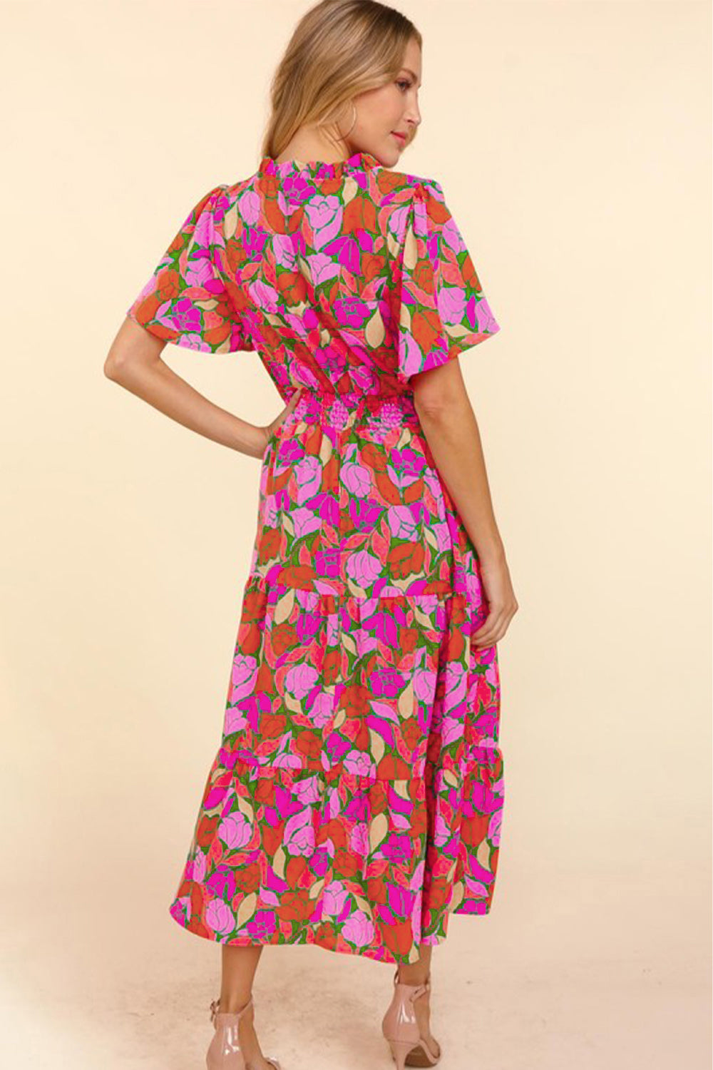 Pink Flounce Sleeve Smocked Waist Floral Maxi Dress