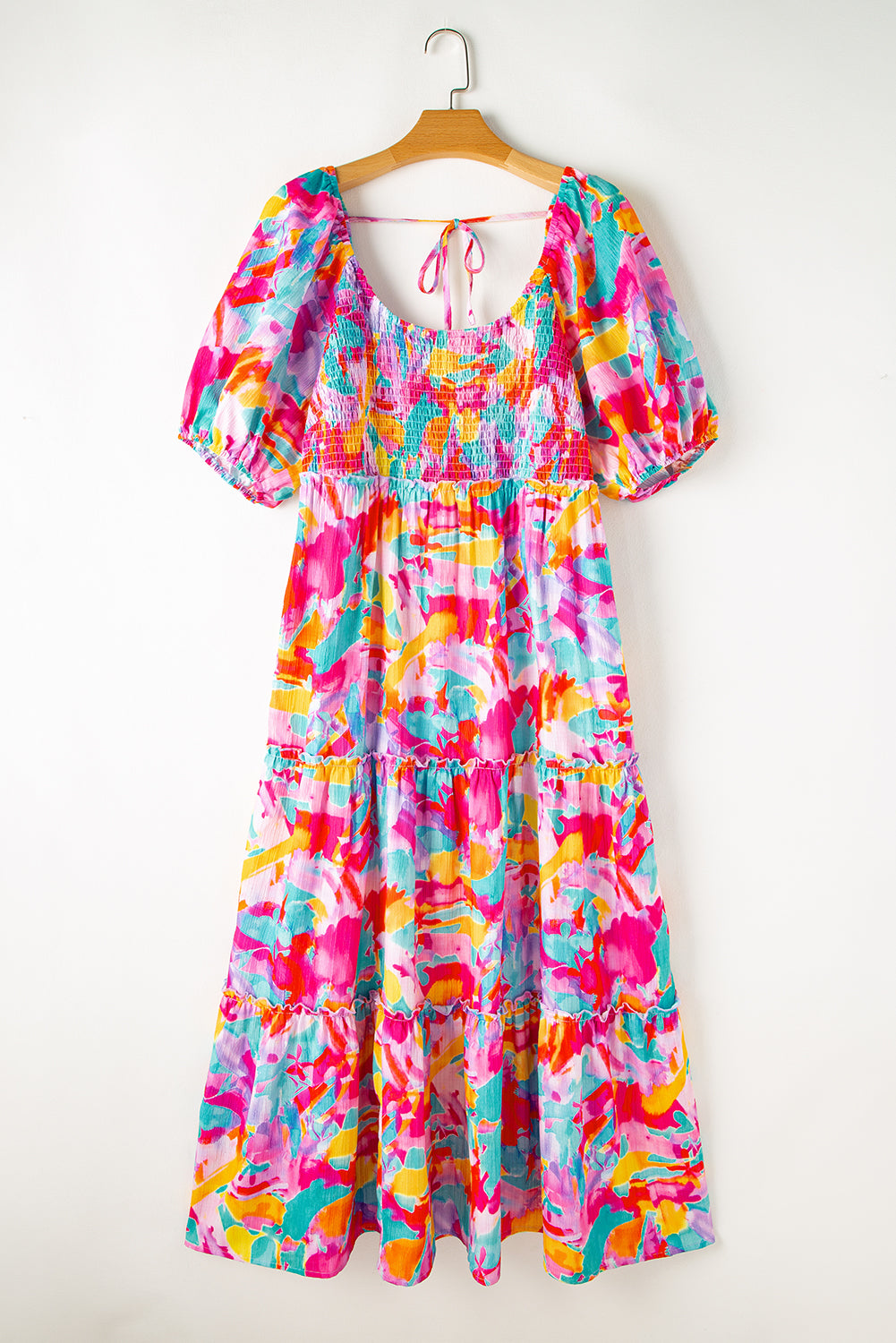 Multicolour Abstract Smocked Bodice Puff Sleeve Plus Maxi Dress