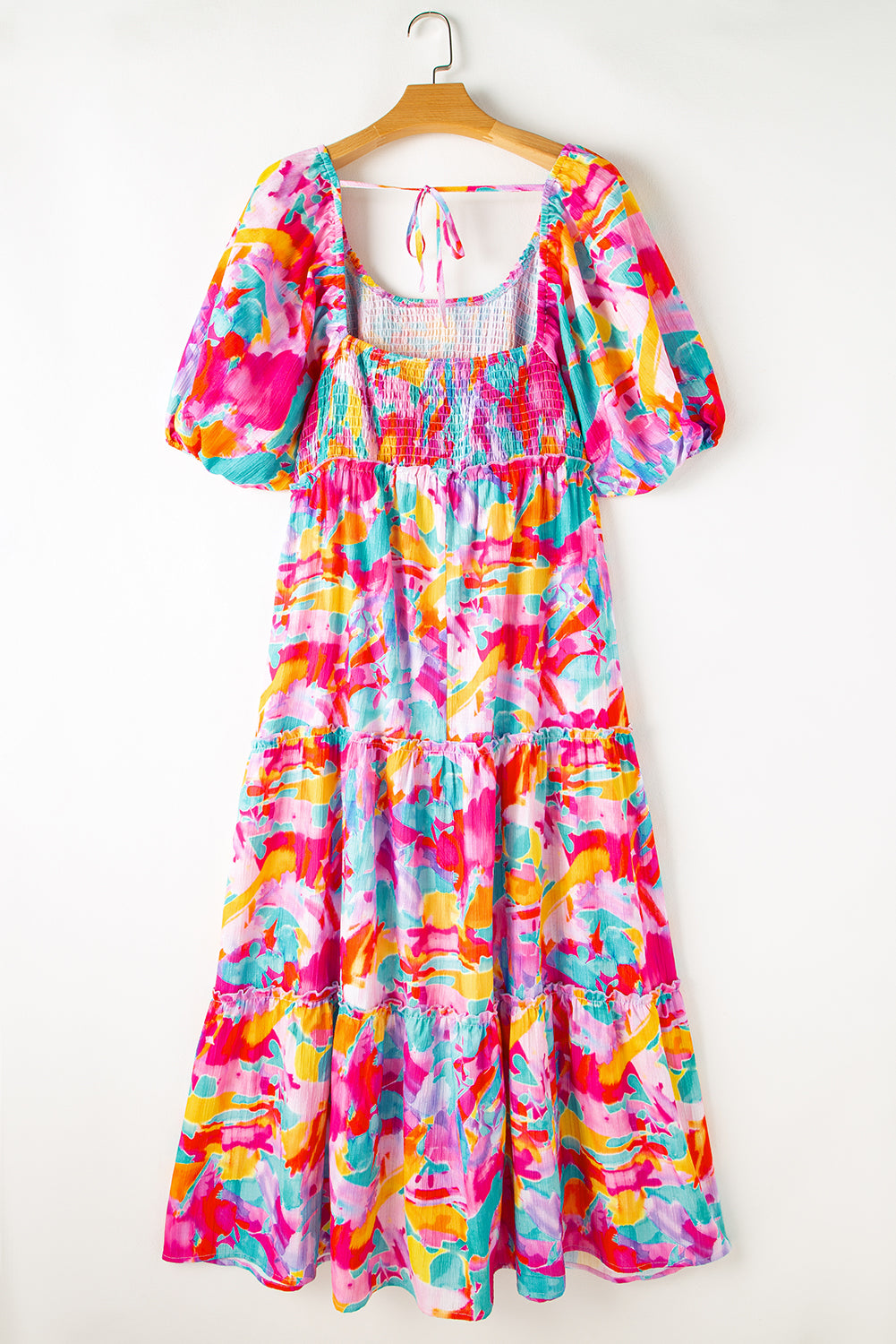 Multicolour Abstract Smocked Bodice Puff Sleeve Plus Maxi Dress