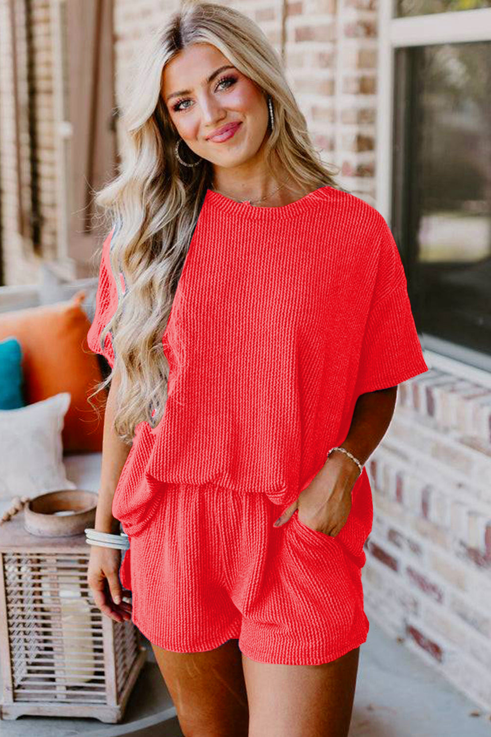 Orange Ribbed Textured Loose Fit Tee & Shorts Set