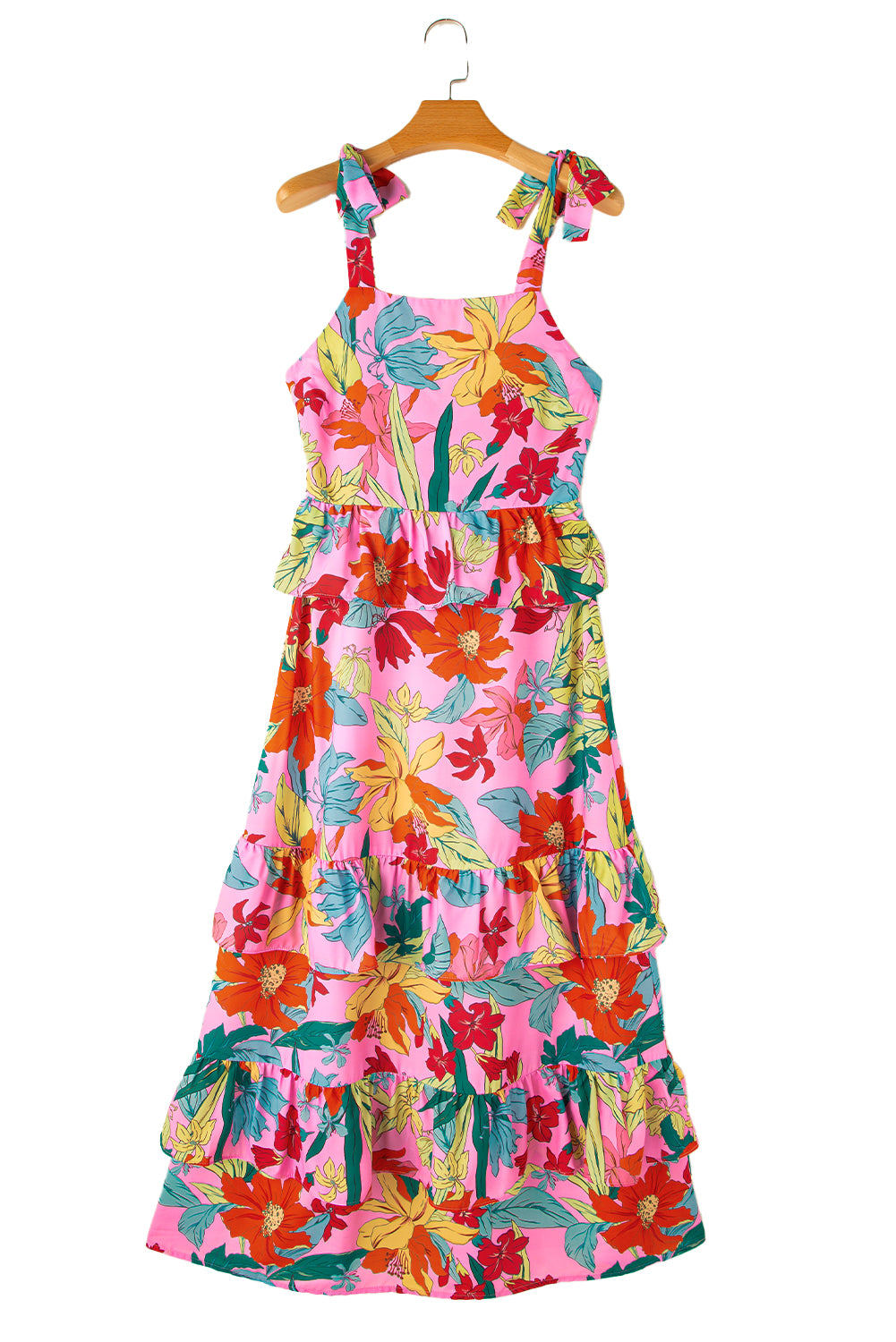 Multicolour Boho Floral Print Knot Strap Ruffle Layered Maxi Dress