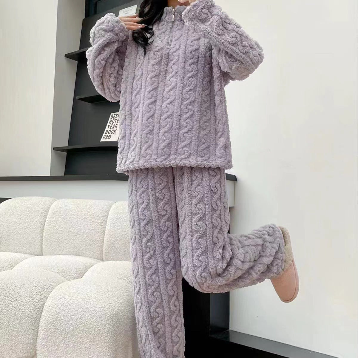 Autumn And Winter New Twist Zipper Couple Fleece-lined Thick Coral Fleece Pajamas Homewear Loungewear Sleepwear For Sleeping