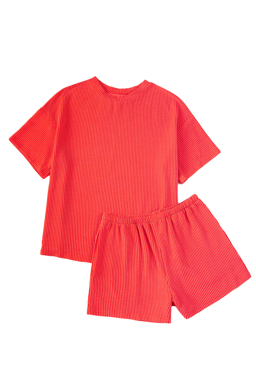 Orange Ribbed Textured Loose Fit Tee & Shorts Set