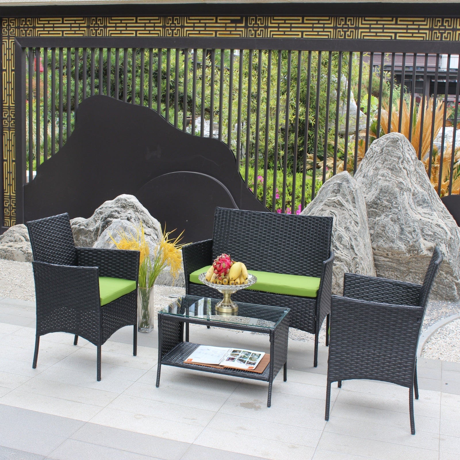4PC Rattan Patio Furniture Set Outdoor Wicker Sofa W  Green Cushions - Sluxe Fashions