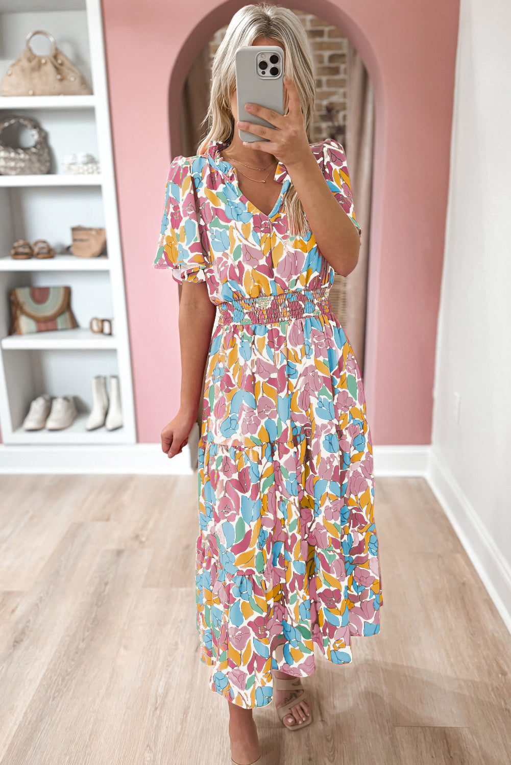 Pink Flounce Sleeve Smocked Waist Floral Maxi Dress