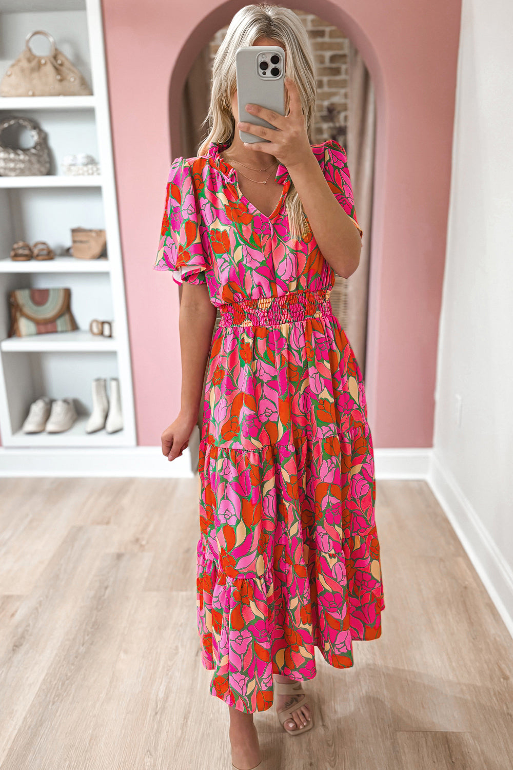 Pink Flounce Sleeve Smocked Waist Floral Maxi Dress