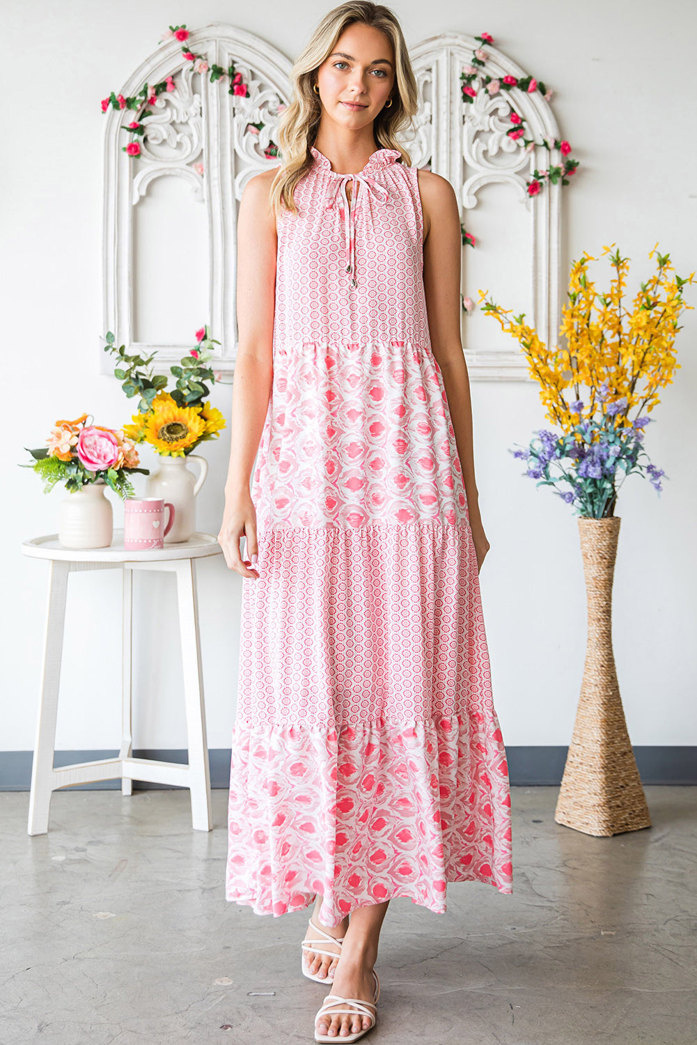 Pink Abstract Print Patchwork Sleeveless V Neck Tiered Dress