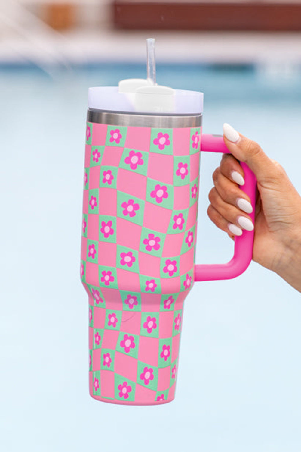 Bright Pink Flower Checkered Pattern Cup with Straw 40oz