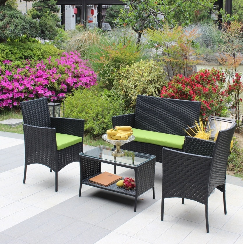 4PC Rattan Patio Furniture Set Outdoor Wicker Sofa W  Green Cushions - Sluxe Fashions