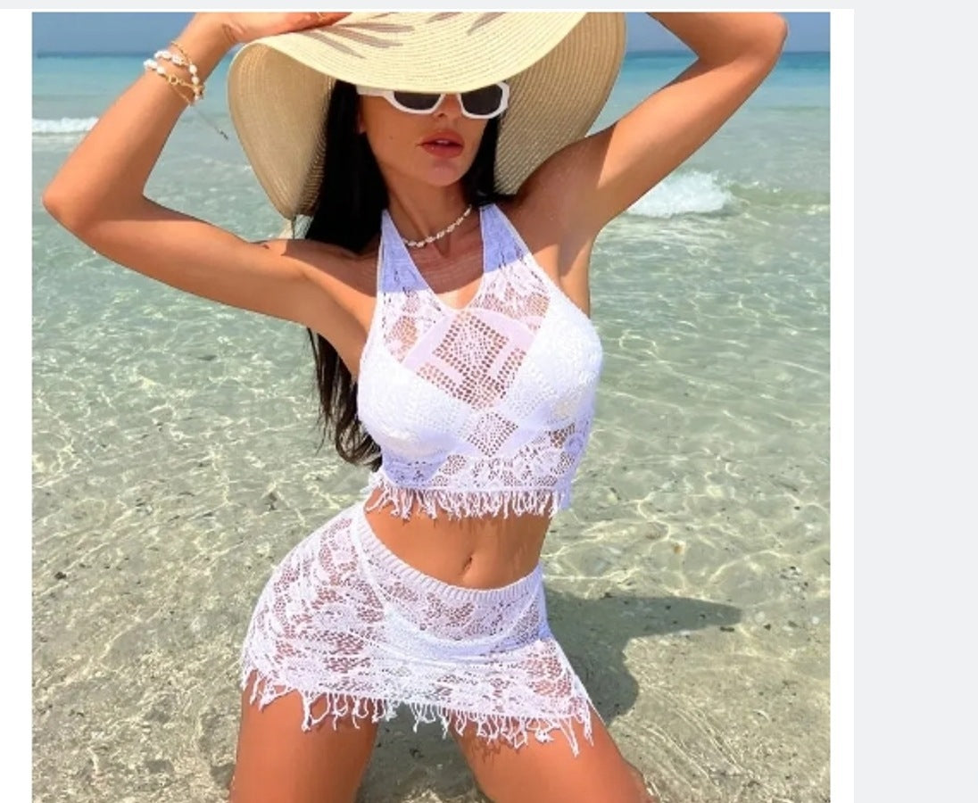 Women's Spring And Summer Beach Cover-up Tassel Skirt Lace Bikini Swimsuit Two-piece