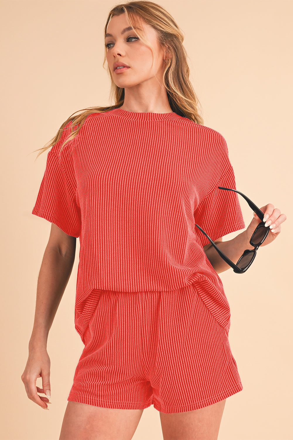 Orange Ribbed Textured Loose Fit Tee & Shorts Set