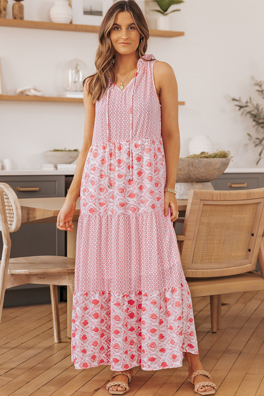 Pink Abstract Print Patchwork Sleeveless V Neck Tiered Dress