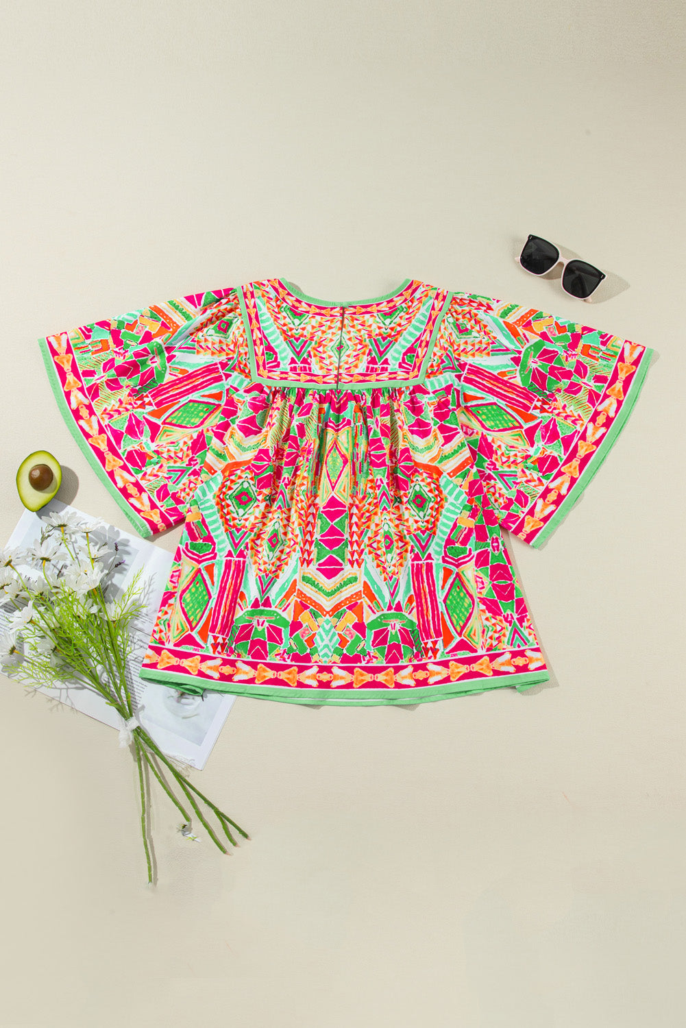 Green Geometric Print Bell Sleeve Plus Size Blouse