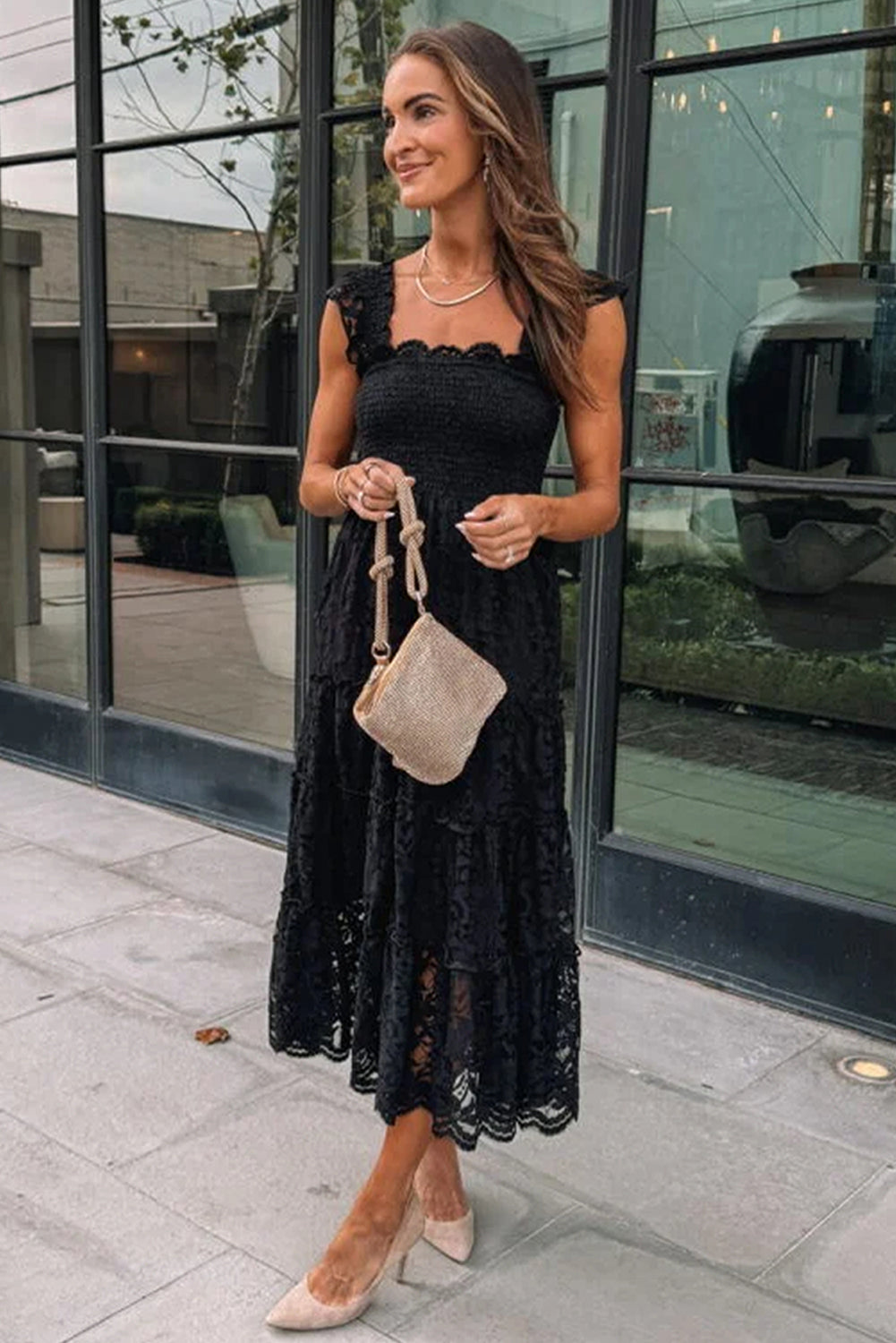 Black Lace Smocked Bodice Sleeveless Midi Dress