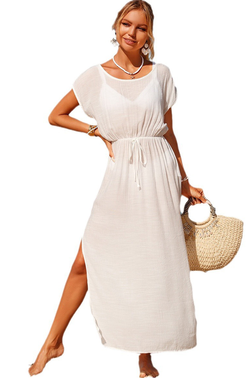 White Flowy Drawstring Side Slit Beach Cover Up Dress