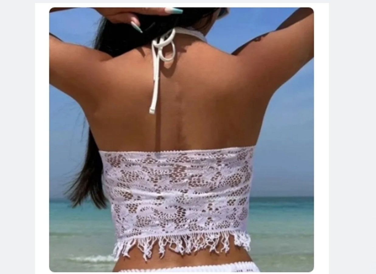 Women's Spring And Summer Beach Cover-up Tassel Skirt Lace Bikini Swimsuit Two-piece