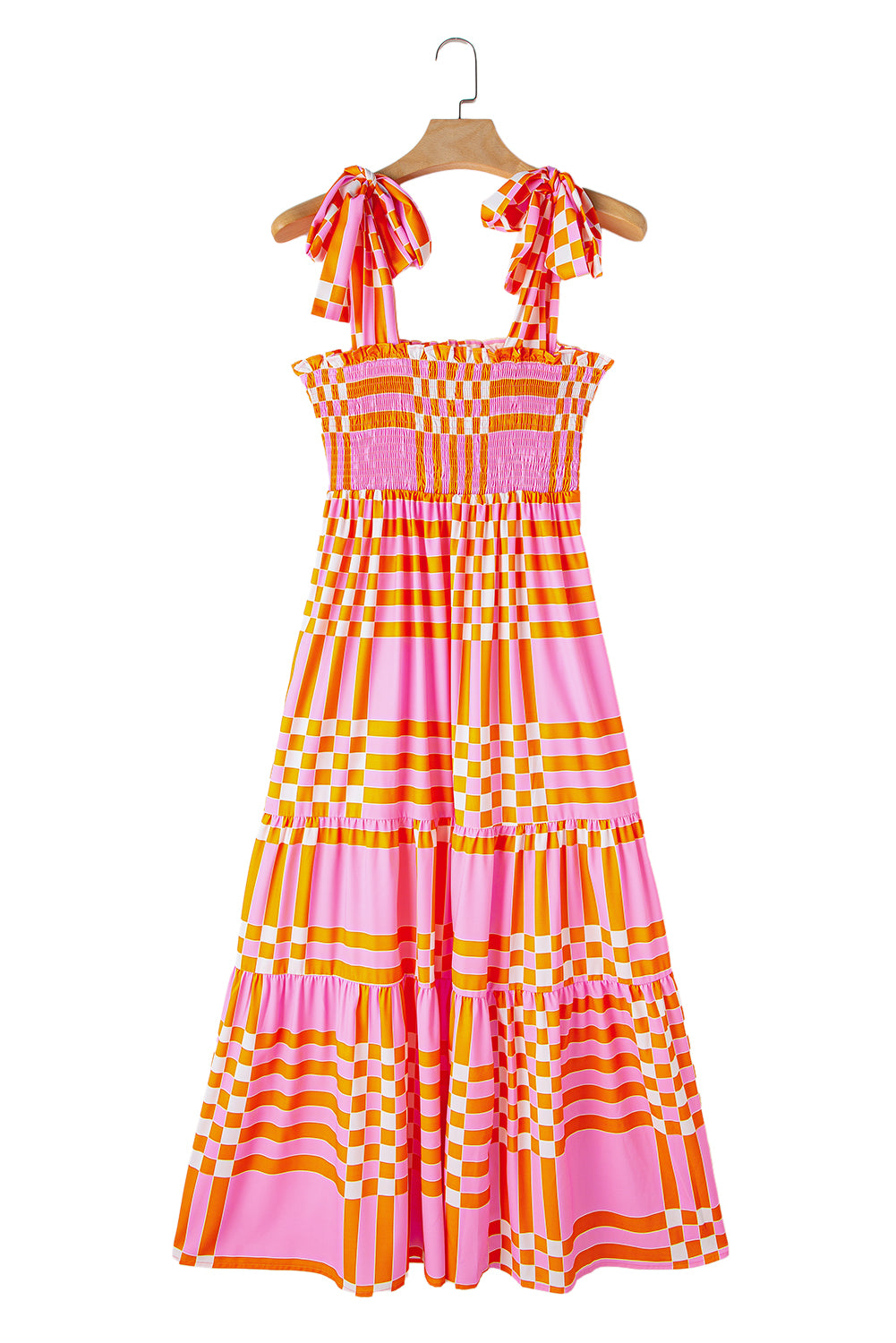 Pink Tie Strap Plaid & Striped Smocked Maxi Dress