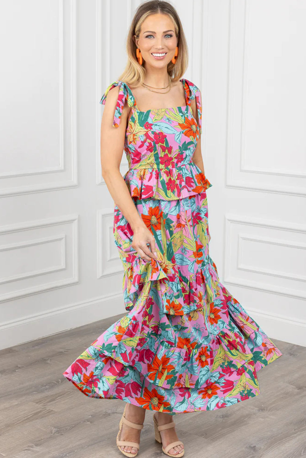 Multicolour Boho Floral Print Knot Strap Ruffle Layered Maxi Dress