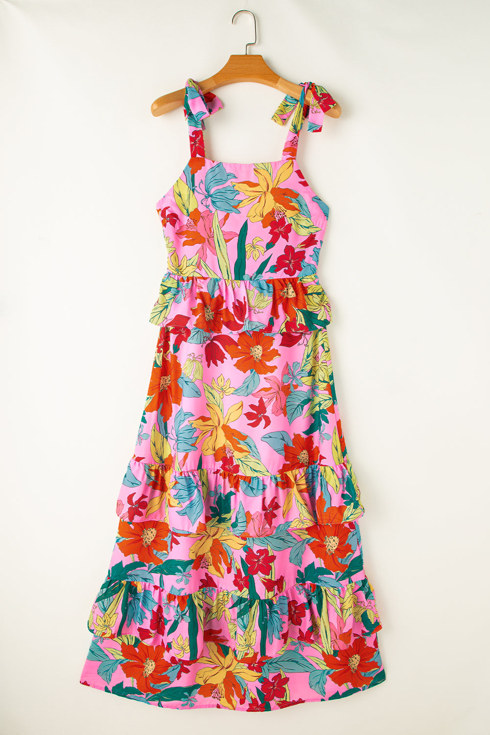 Multicolour Boho Floral Print Knot Strap Ruffle Layered Maxi Dress