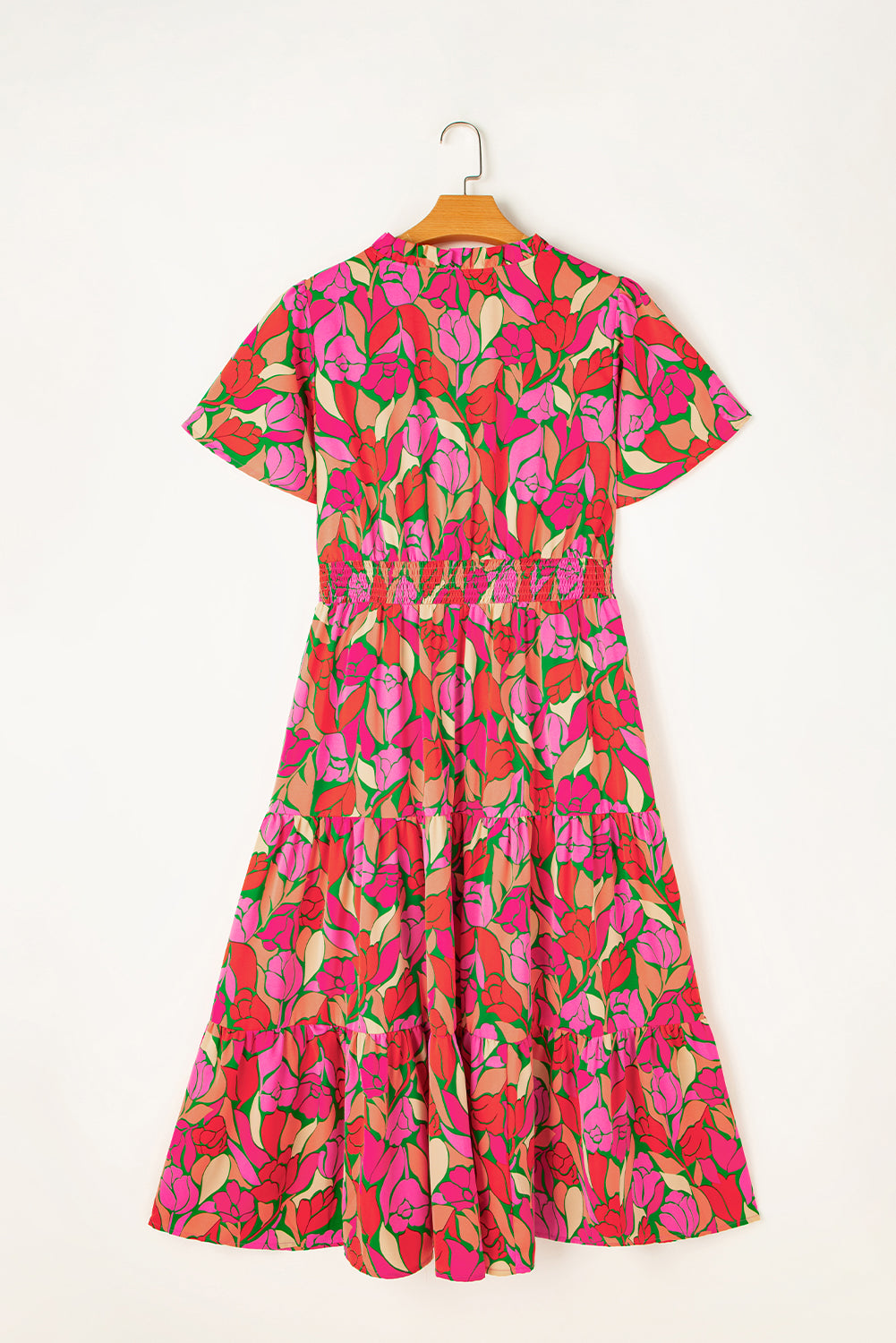 Pink Flounce Sleeve Smocked Waist Floral Maxi Dress