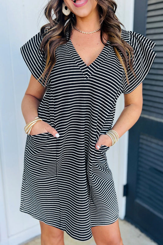 Black Striped V Neck Flutter Sleeve Mini Dress