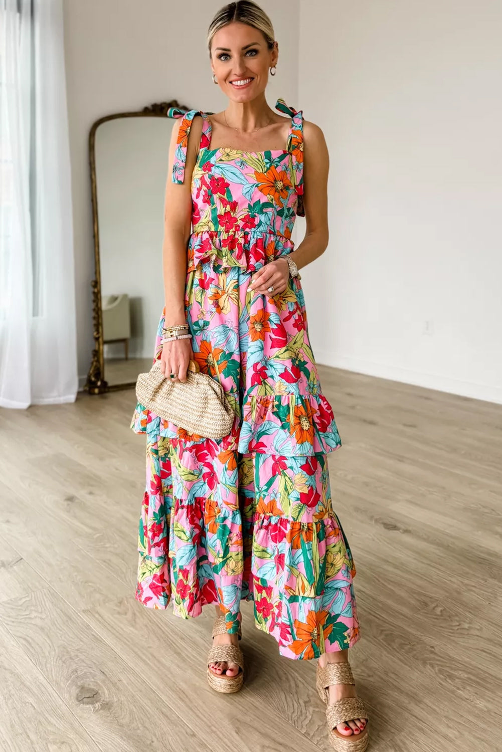 Multicolour Boho Floral Print Knot Strap Ruffle Layered Maxi Dress