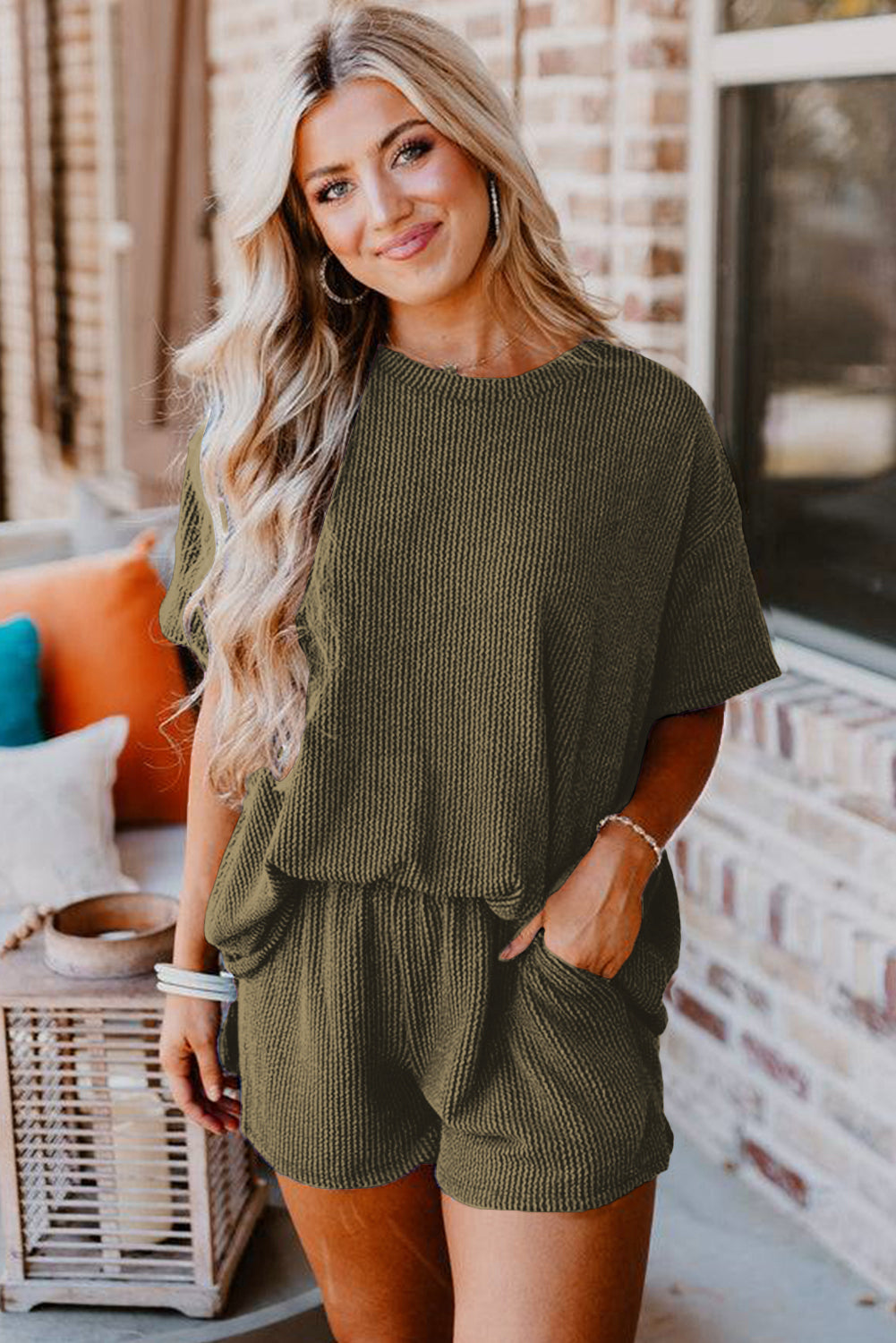 Orange Ribbed Textured Loose Fit Tee & Shorts Set