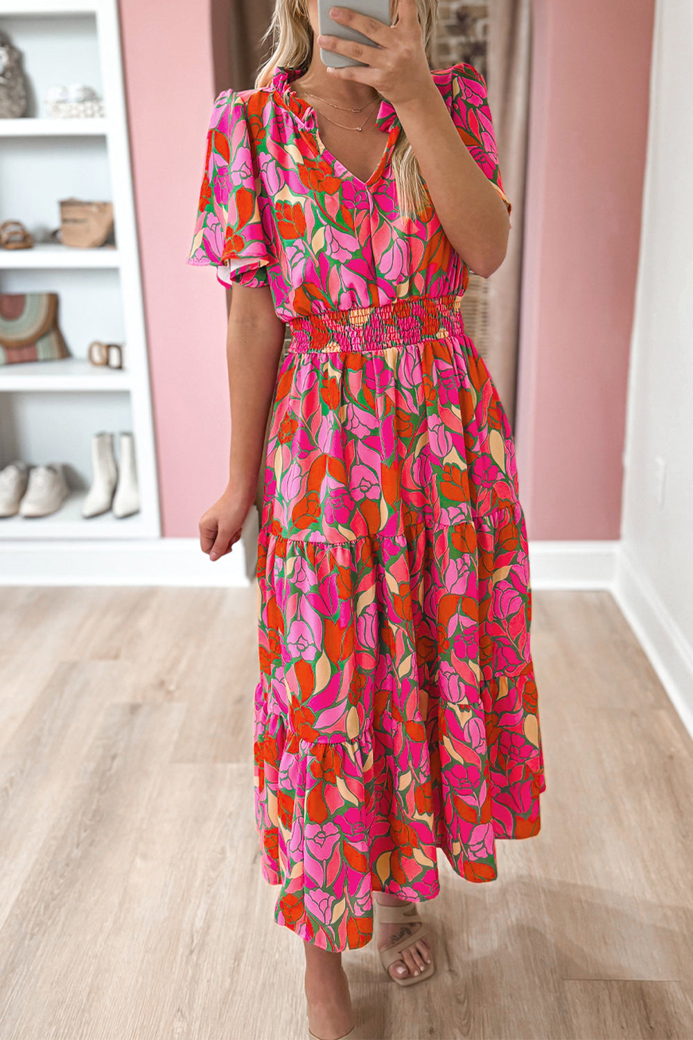 Pink Flounce Sleeve Smocked Waist Floral Maxi Dress