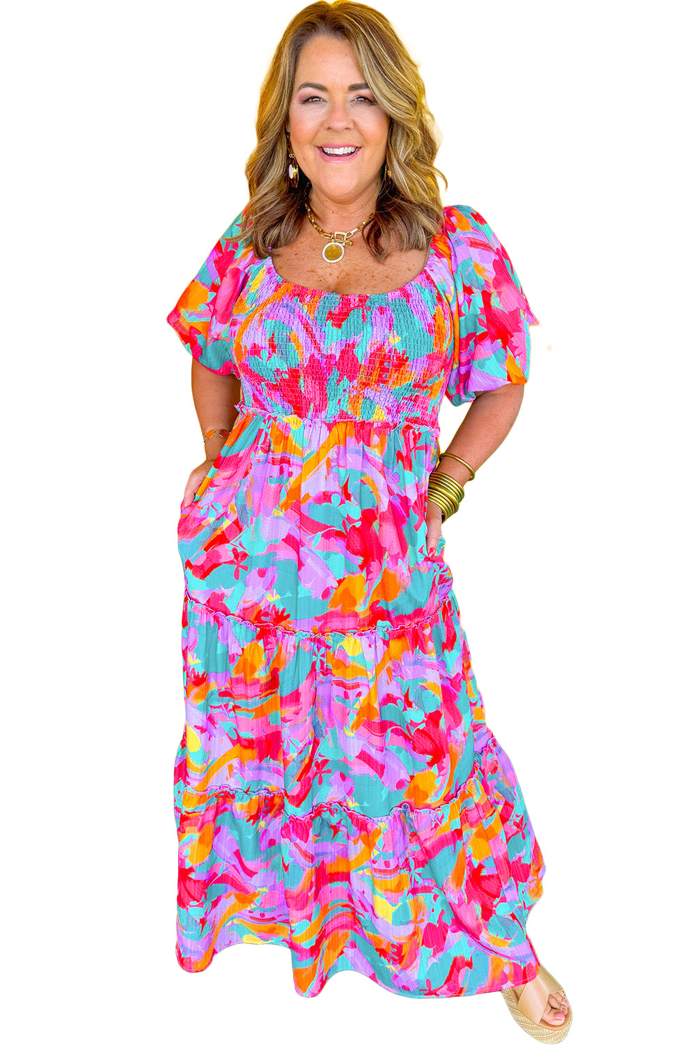 Multicolour Abstract Smocked Bodice Puff Sleeve Plus Maxi Dress