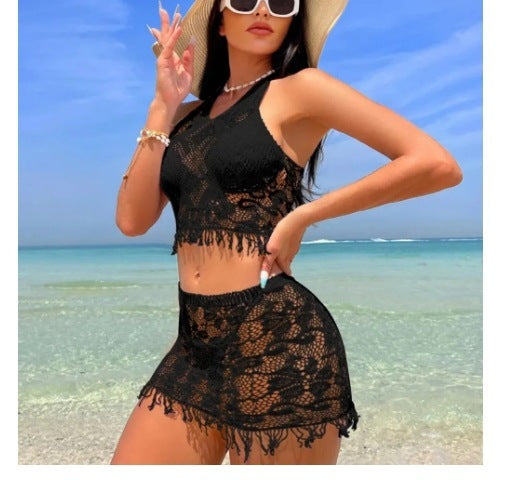 Women's Spring And Summer Beach Cover-up Tassel Skirt Lace Bikini Swimsuit Two-piece