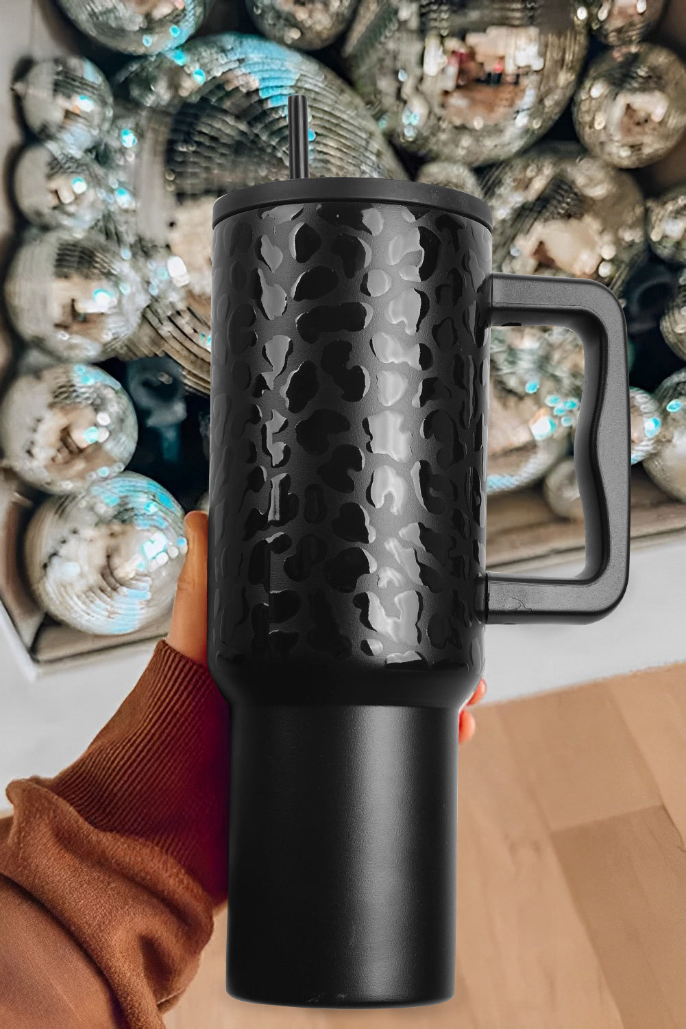 Black Polished Leopard Emboss Straw Thermal Tumbler 40oz