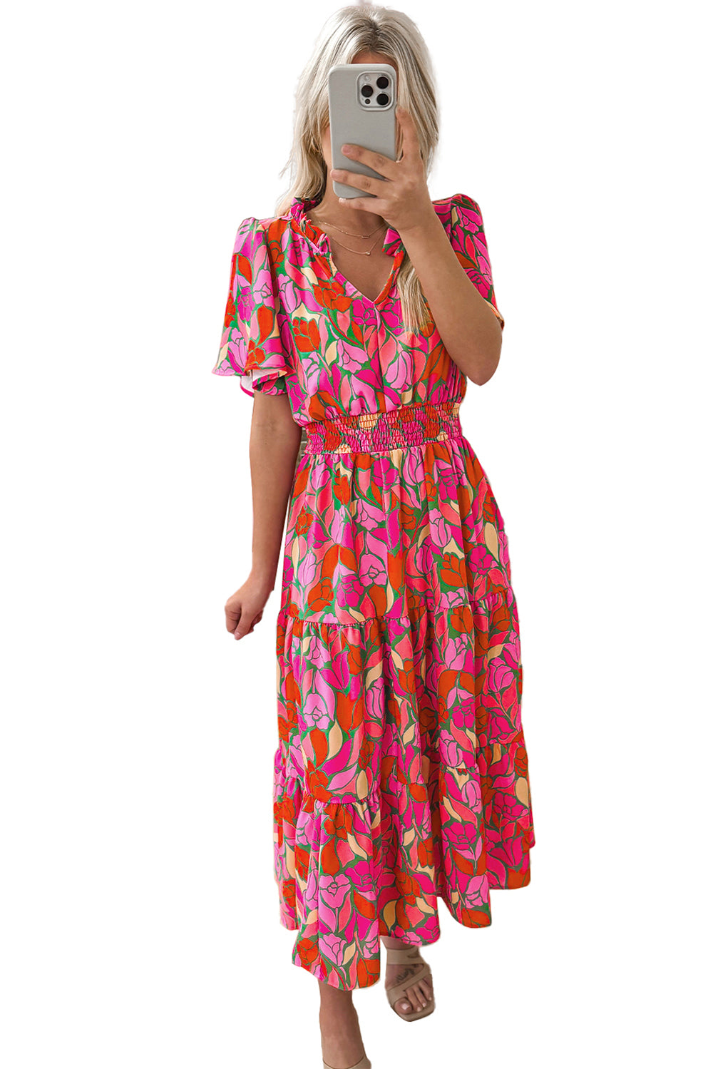 Pink Flounce Sleeve Smocked Waist Floral Maxi Dress