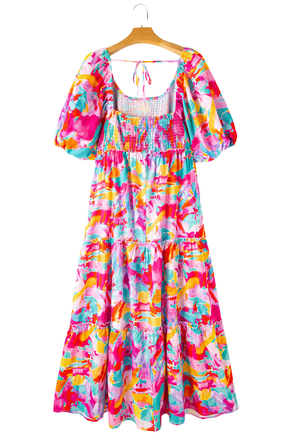 Multicolour Abstract Smocked Bodice Puff Sleeve Plus Maxi Dress