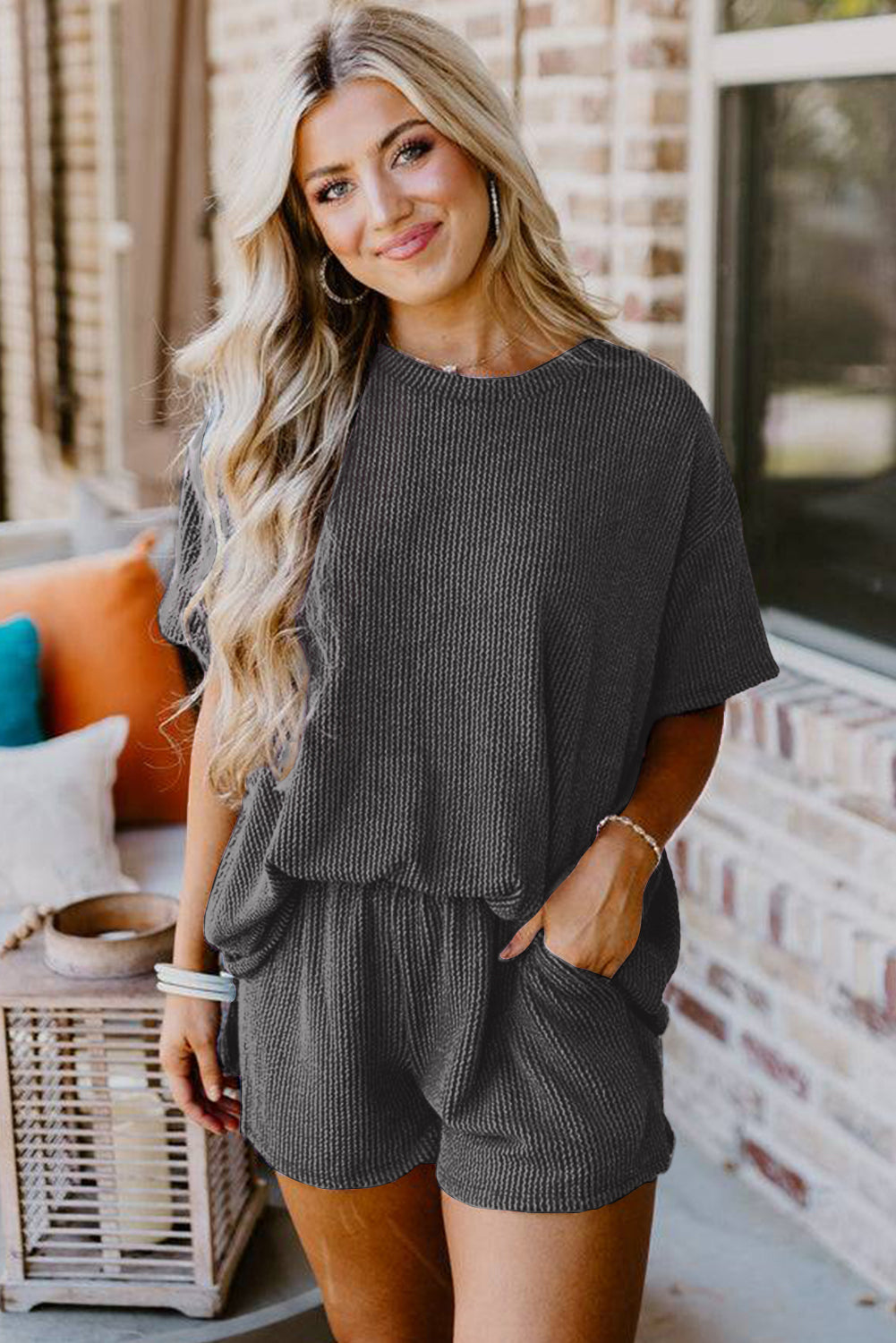 Orange Ribbed Textured Loose Fit Tee & Shorts Set