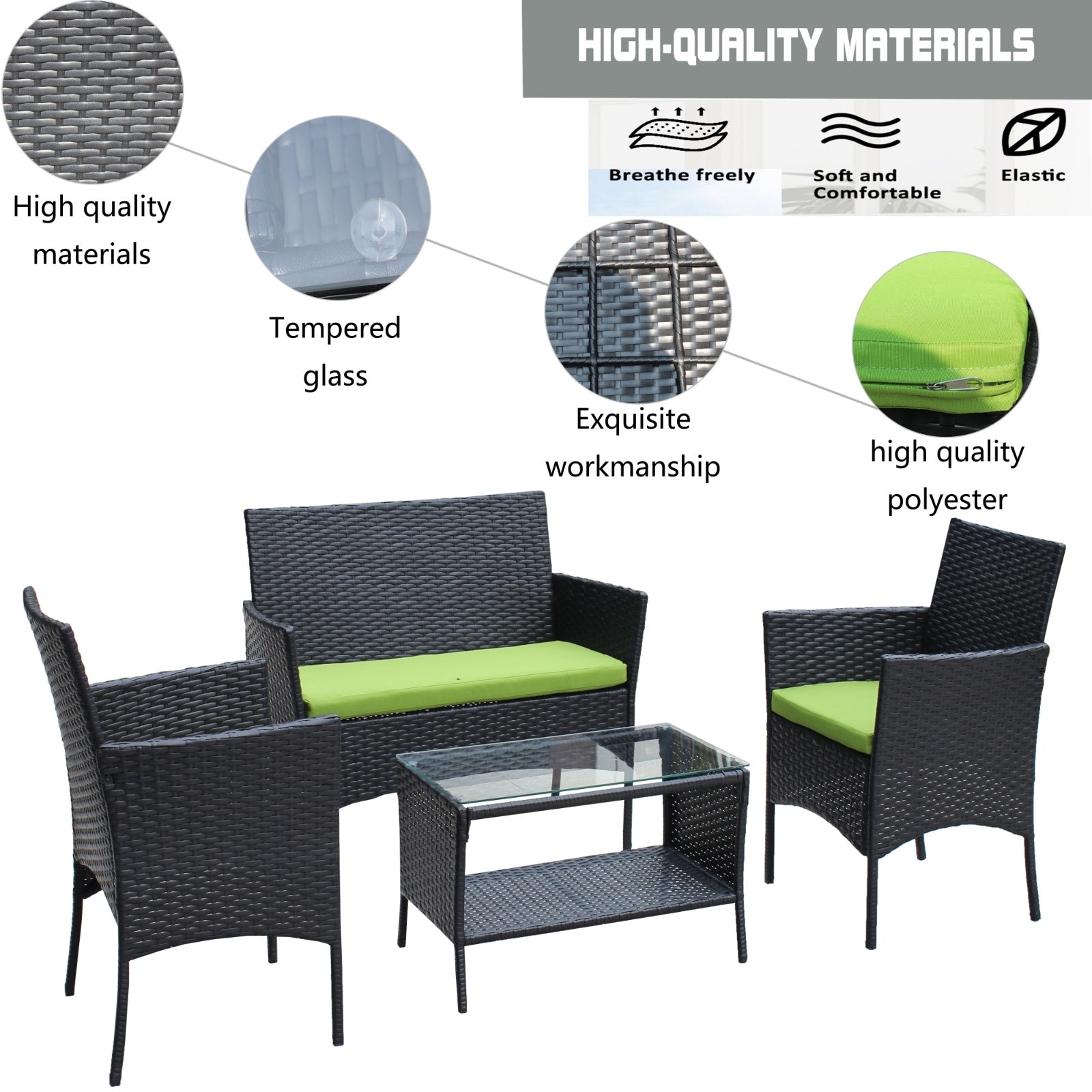 4PC Rattan Patio Furniture Set Outdoor Wicker Sofa W  Green Cushions - Sluxe Fashions